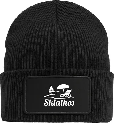 Produktbild von Huuraa Beanie Skiathos Inselmotiv Griechenland Black doppellagige Polyacryl Mütze mit Patch Geschenkidee
