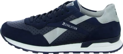 A side view of a blue and gray sneaker.
