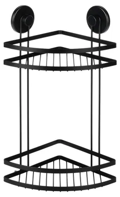 Zdjęcie produktu dla Półka pod prysznic narożna - 2 półki - przyssawki - metal - 24 × 18 × 38 cm - czarna