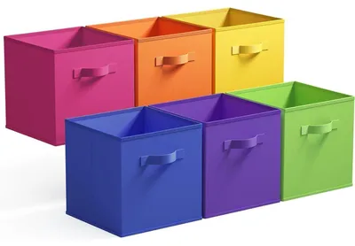 Immagine prodotto di Set di 6 cubi contenitori in tessuto, colorati, dimensioni 27x27x27,5 cm. Scatole pieghevoli con maniglie, ideali per scaffali Kallax