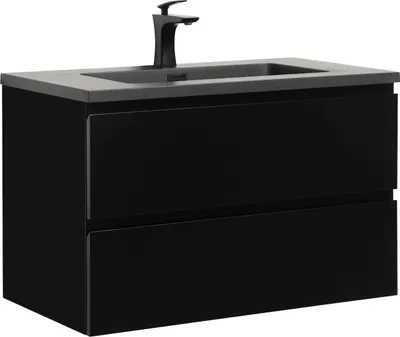 A black bathroom vanity with a gray countertop and a black faucet.