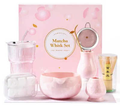Zdjęcie produktu dla Zestaw do parzenia matcha Rosa, 9 elementów: miska, bambusowa trzepaczka, uchwyt, szklanka, foremka do kostek lodu, łyżeczka, sitko, ściereczka
