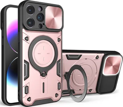 Produktbild von Handyhülle für iPhone 14 Pro Dual-Layer Stoßfest Rüstung Hülle mit Dia Kameraschutz und Kreisförmig Ring Ständer Roségold