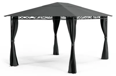 Produktbild von Blumfeldt Mondo Pavillon 3x4 – Stahlrahmen, Mit Vorhängen, Wetterfeste Überdachung, Gartenpavillon, Rostfrei, Leichter Aufbau, Dunkelgrau