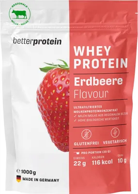 Produktbild von Whey Protein - Erdbeere 1 kg - Produziert in Deutschland aus regionaler Milch - BetterProtein® - Eiweißpulver zum Muskelaufbau und Abnehmen