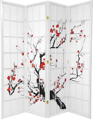 Obrázok produktu pre Fine Asianliving Japonský paraván, deliaca stena, rozmery Š180 x V180 cm, 4 panely, biela – kvetiny čerešne