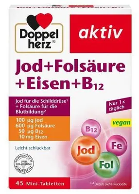 Obrázok produktu pre Doppelherz Jód+Kyselina listová+Železo+B12 Tablety 45 kapsúl