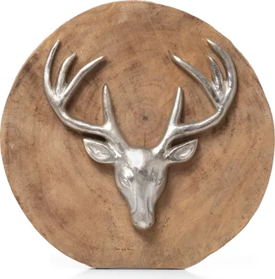 Produktbild von Weihnachtsdeko Hirschkopf 29 cm aus Mangoholz und Aluminium handgefertigte Dekofigur auf rundem Holzsockel edle Tischdekoration für das Wohnzimmer