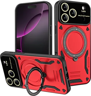 Produktbild von Rüstung Handyhülle für iPhone 17 Pro Max Dual-Layer Magnetisches Ringhalter Ständer Magsafe Hülle Rot