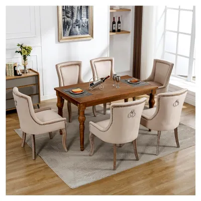 Produktbild von Esszimmerstuhl mit Polsterung, 6 Stück, mit Nagelkopfbesatz, Massivholzbeinen, Samtbezug, Beige
