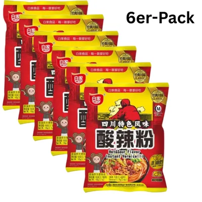 Produktbild von 6er-Pack BAIJIA Instantnudeln Fadennudeln Vermicelli Hot & Sour 105g