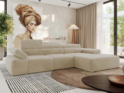 Produktbild von MKS MEBLE L-form Ecksofa RILASSO mit Relax-Funktion, verstellbare Kopfstützen - Creme Plüsch - Rechts