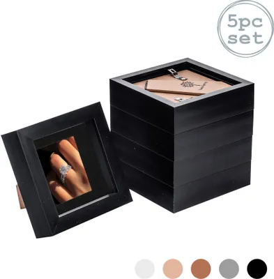 Produktbild von Nicola Spring 5 Stück 4 x 4 3D Shadow Box Photo Frame Set - Craft Anzeigen Bilderrahmen mit 2 x 2 Montieren - Glas Aperture - Schwarz / Schwarz