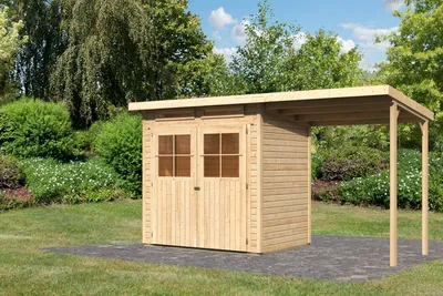 Produktbild von Karibu Gartenhaus Gerätehaus Glücksburg 2 im Set mit Anbaudach naturbelassen 387x156x220 cm