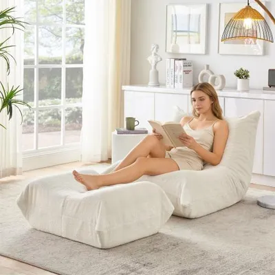Produktbild von Weicher Bodensessel mit Fußhocker und Rückenlehne aus Teddyfell