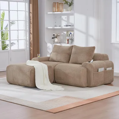 Obrázek produktu pro MODFU Modulární sedací souprava, dvoumístná lounge pohovka s integrovanými držáky na nápoje v loketní části, manšestrová pohovka s taburety, čalouněný nábytek s boční kapsou, khaki