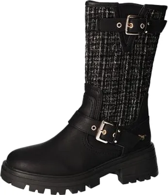 Produktbild von Mustang Damen Stiefelette wadenhoch mit Strickeinsatz und Zierschnallen 1469-506, Größe:41 EU, Farbe:Schwarz