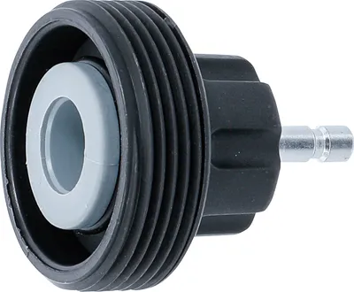 A close-up studio shot of a black adapter with a silver metal pin.