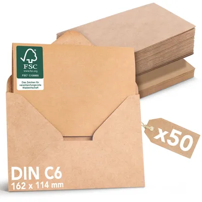 Produktbild von Falinko 50x Faltkarten mit Umschlag Kraftpapier braun I Din A6/C6 I Faltkarten blanko I Briefumschläge braun I neutrale Grußkarten mit Umschlag