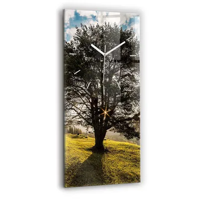 Produktbild von Wallfluent Wanduhr – Stilles Quarzuhrwerk - Uhr Dekoration Wohnzimmer Schlafzimmer Küche - Zifferblatt mit Strichen - weiße Zeiger - 30x60 cm - Baum auf dem Hügel