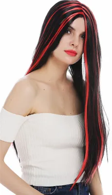Produktbild von WIG ME UP Perücke lang glatt Mittelscheitel schwarz rot gesträhnt 68036-P103-13