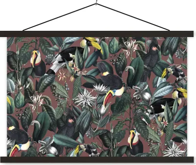 Produktbild von MuchoWow® Textilposter Blumen - Vögel - Blätter 60x40 cm mit schwarzem Rahmen - Hölzernes