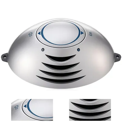 A silver, oval-shaped air purifier with black vents and blue accents.