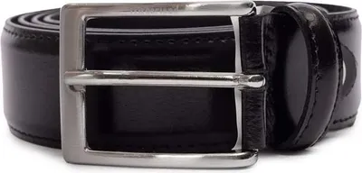 A close-up of a black leather belt with a silver buckle.