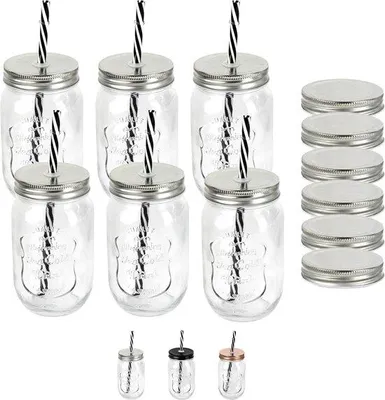 Produktbild von Unyqoos® 6er-Set Trinkgläser 500 ml mit Schraubdeckel & wiederverwendbarem Strohhalm – Einmachgläser mit 12 Deckeln (6 gelocht, 6 geschlossen), Silber