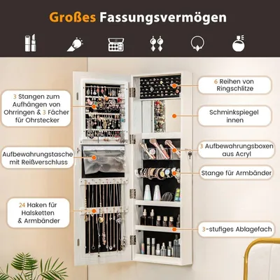 Produktbild von Schmuckschrank hängend Spiegelschrank abschließbar mit Dreifarbige LED Beleuchtung Weiß