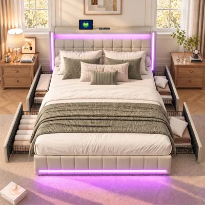 Produktbild von BPKADHY Polsterbett Bettgestell 160x200 cm Beige, Bettrahmen mit 4 Schubladen Stauraum, LED Beleuchtung, USB Anschluss, Leinenstoff, ohne Matratze
