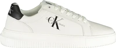 A white Calvin Klein sneaker with black accents.