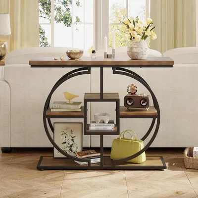 Image de Table console étroite, rustique, à 4 niveaux, avec un cadre métallique rond. Table d'entrée industrielle en bois, avec des compartiments de rangement, de couleur marron