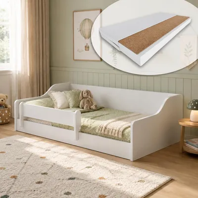 Produktbild von Kids Collective Kinderbett Bodenbett 160x80 cm Weiß | Montessori Bett inkl. Matratze, Rausfallschutz & Lattenrost | Jugendbett Mädchen & Jungen