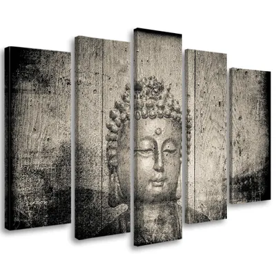 Produktbild von 5-teiliges leinwandbild buddha religion asien grau 200x100 cm Feeby grau wandbild bereit zum aufhängen