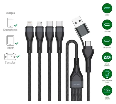 Produktbild von 4smarts USB-C/A Multi-Ladekabel 4in2 1,2m, schwarz