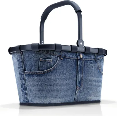 A shopping basket designed to look like a pair of jeans.