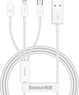 Zdjęcie produktu dla USB-A to Lightning / microUSB / USB-C Charging Cable Baseus Superior 3in1 Series, 20W, 3.5A, 0.5m, White