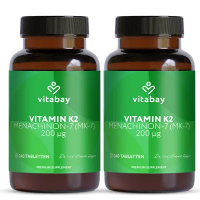 Produktbild von Vitabay Vitamin K2 MK-7 200 µg – 480 vegane Tabletten – 2er-Pack – Knochen & Blutgerinnung – Hochdosiert Vegan MK7 All-Trans Mikroverkapselt