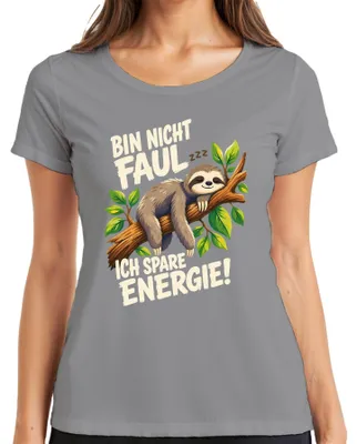 Productafbeelding van Niet lui, ik bespaar energie. Grappig dames T-shirt met de tekst "Luiaard", grijs, maat S