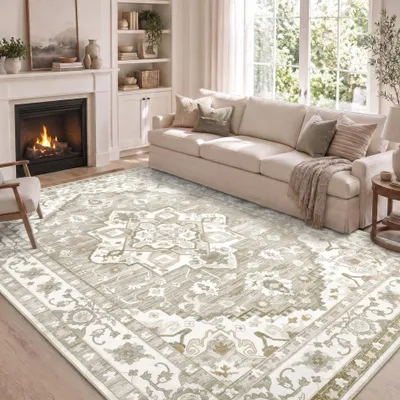 Productafbeelding van Vintage Wasbare Tapijt voor Woonkamer - Antislip Boho Design 140 x 200 cm - Accentbeige