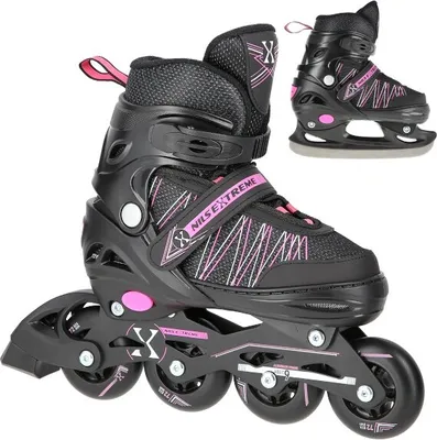 A pair of black and pink inline skates and a pair of ice skates are shown against a white background.