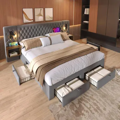 Image de Ensemble complet de chambre à coucher en velours, y compris lit rembourré, tables de nuit, tiroirs, tête de lit avec liseuse & USB. Sans matelas. 160×200 cm, gris