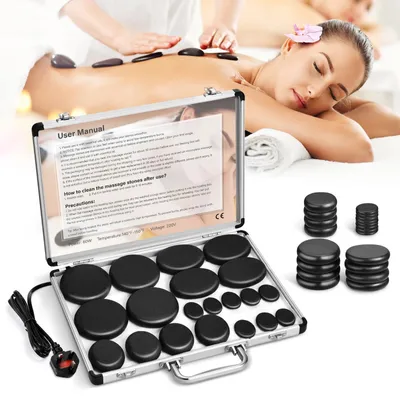 Produktbild von Hot Stone Massage Steine Set - 20-teiliges Set - Basaltsteine - Mit Heizbox - Für Ganzkörpermassage - Für Zuhause - Wellness & Entspannung