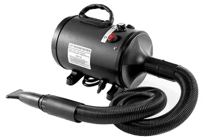 Zdjęcie produktu dla Suszarka do włosów dla zwierząt, moc 2200 W, regulowany strumień powietrza 20–100 m/s, zakres temperatur 55°C–131°F, długość węża 2,7 m, cicha praca