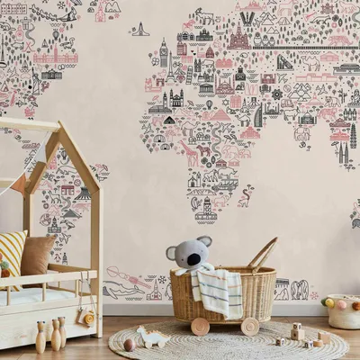 Produktbild von Vlies Fototapete - Map With Icons - Cartoon Representation of the World in Pastel Colours 450x315 cm Für Kinder e-C-10077-a-a