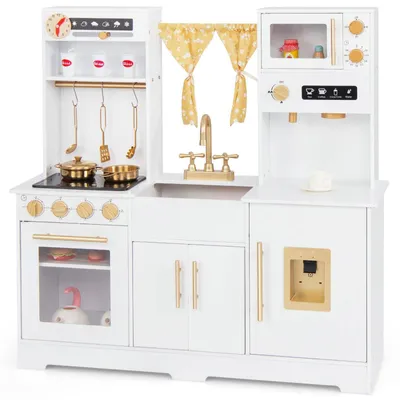 Productafbeelding van Houten kinderkooktoestel met spoelbak, kraan, fornuis, waterdispenser, magnetron, licht en geluid. Speelkeuken met accessoires, geschikt voor kinderen vanaf 3 jaar. Wit