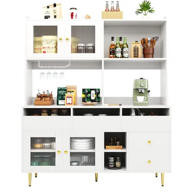 Produktbild von Restaurant-Hochschrank(Weiß,145x39x171cm)mit Changhong-Glastür,Weinglasregal,mehrschichtiger Stauraum,mit Golddekoration,geeignet für Restaurants