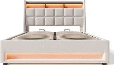 Produktbild von Polsterbett 160x200cm Doppelbett (Ohne Matratze) Jugendbett Beige Bettgestell aus Leinenmaterial Mit USB und LED Mit Lattenrost aus Metallrahmen