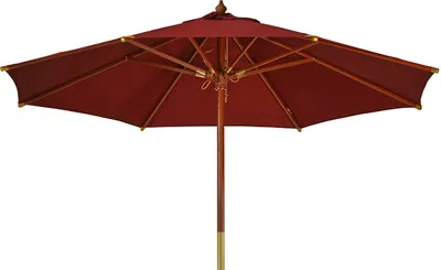 A red patio umbrella with a wooden pole and frame, shown from a slightly elevated angle against a white background.